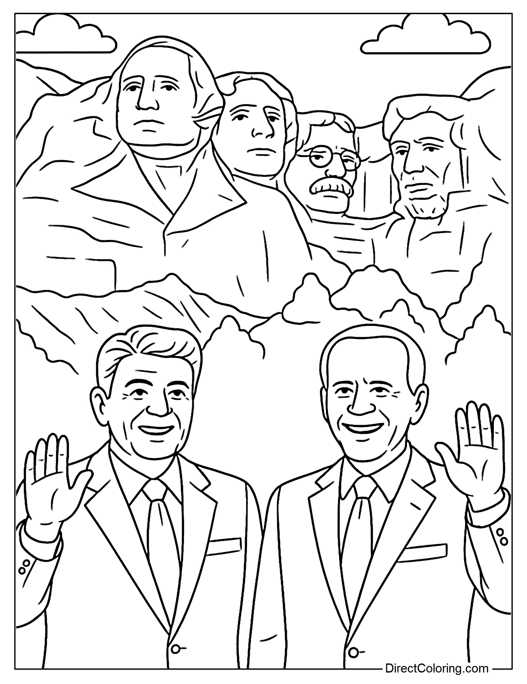 Coloring page of Mount Rushmore monument combined with modern images of Ronald Reagan and Joe Biden waving below.